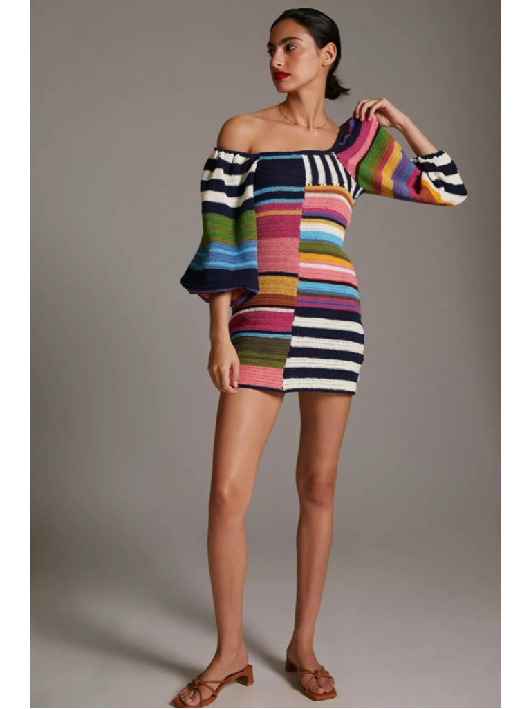 Women's Farm Rio Multicolor Striped Crochet Mini Dress Xs